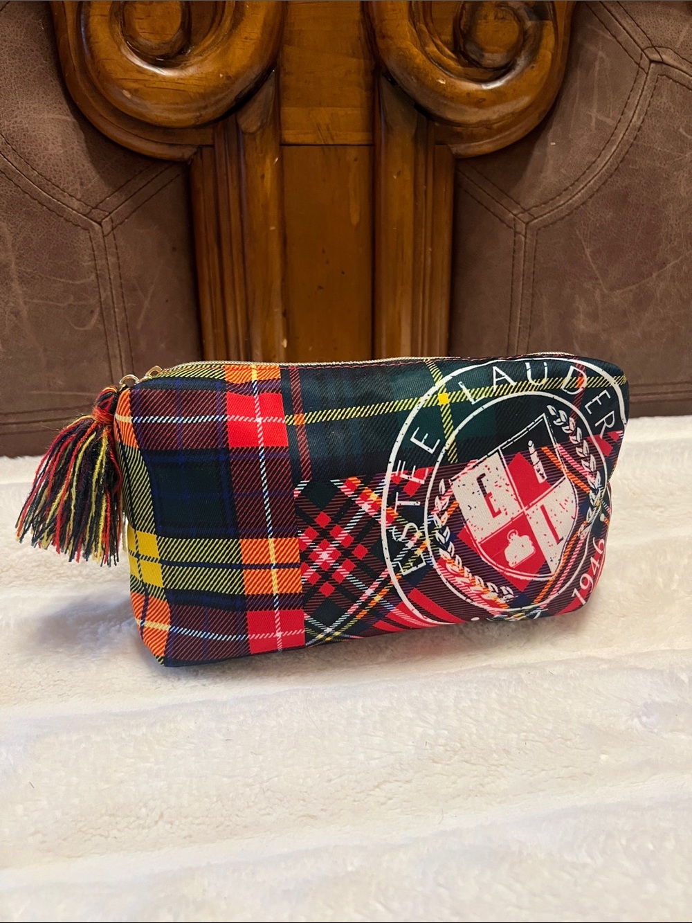 Estee Lauder Tartan Plaid Cosmetic Pouch in Red, Yellow, Green & Navy